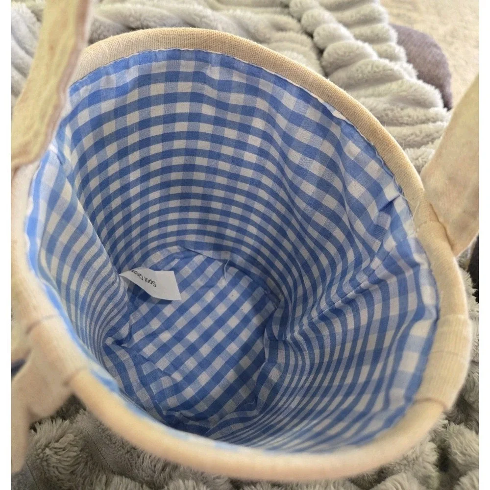 Easter Bunny Basket Burlap Canvas Tote Bag Blue Gingham Lining Floppy Ears NWOT